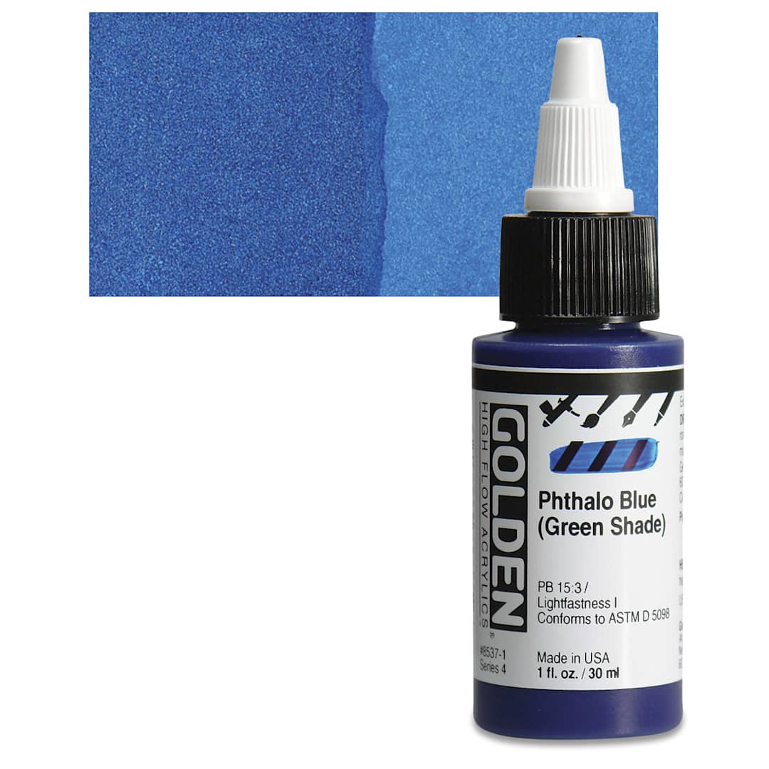 Open in modal - Golden High Flow Acrylic Paint - Phthalo Blue (Green Shade), 1 oz bottle and swatch