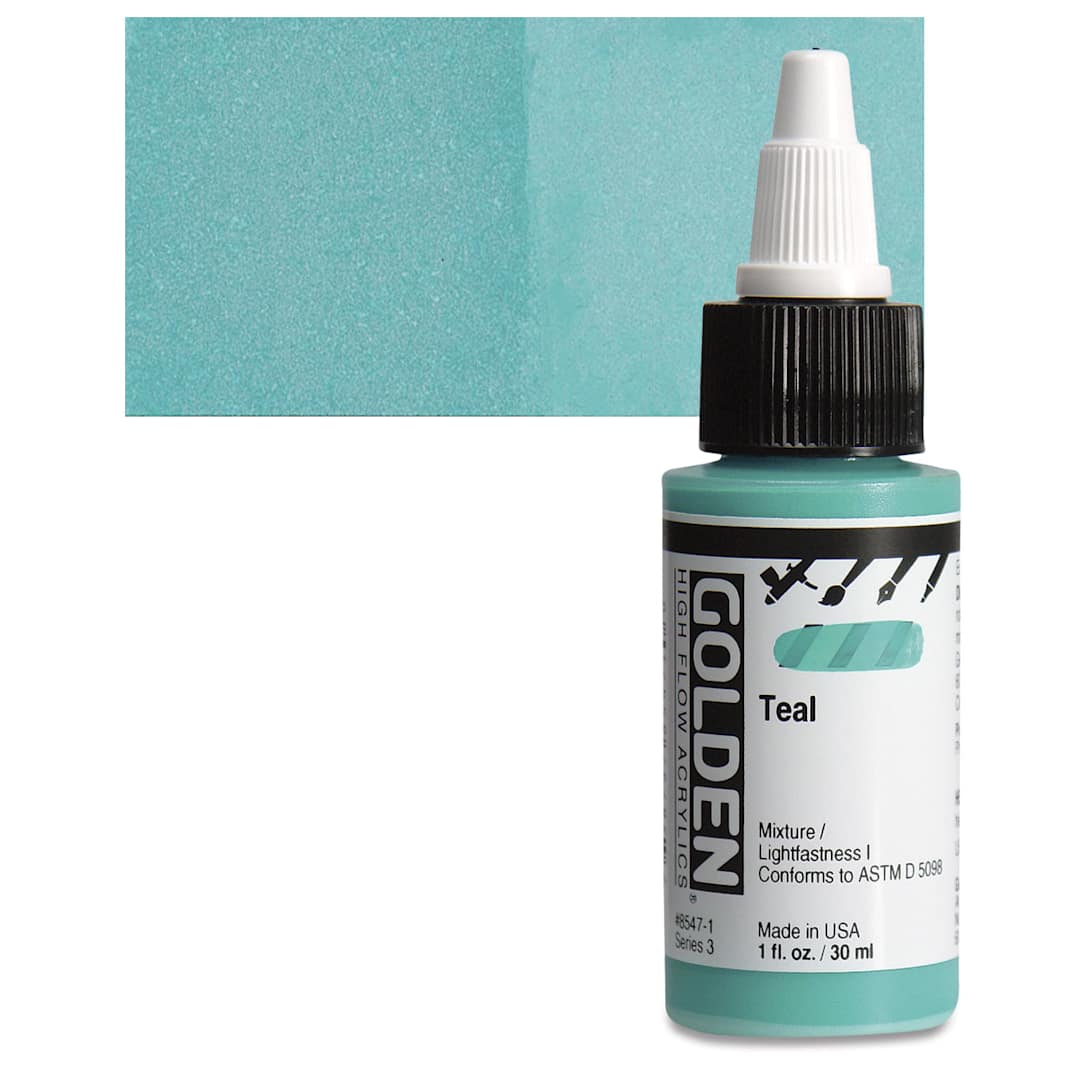 Open in modal - Golden High Flow Acrylic Paint - Teal, 1 oz bottle and swatch
