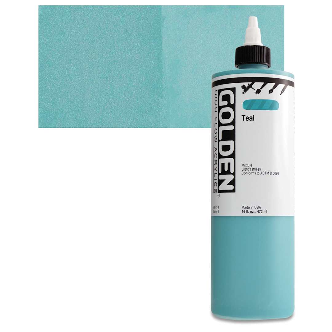 Open in modal - Golden High Flow Acrylic Paint - Teal, 16 oz bottle and swatch