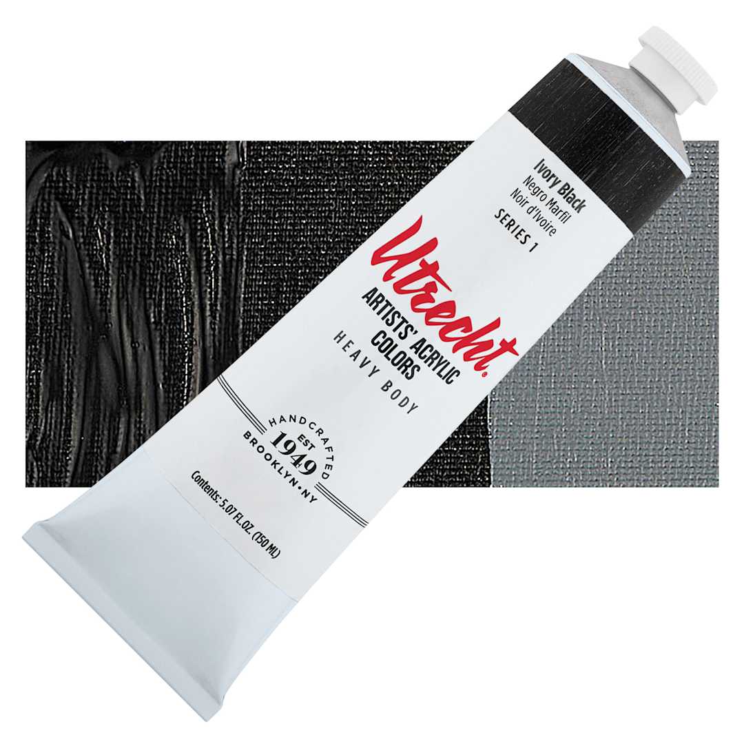 Open in modal - Utrecht Artists' Acrylic Paint - Ivory Black, 5 oz tube and swatch