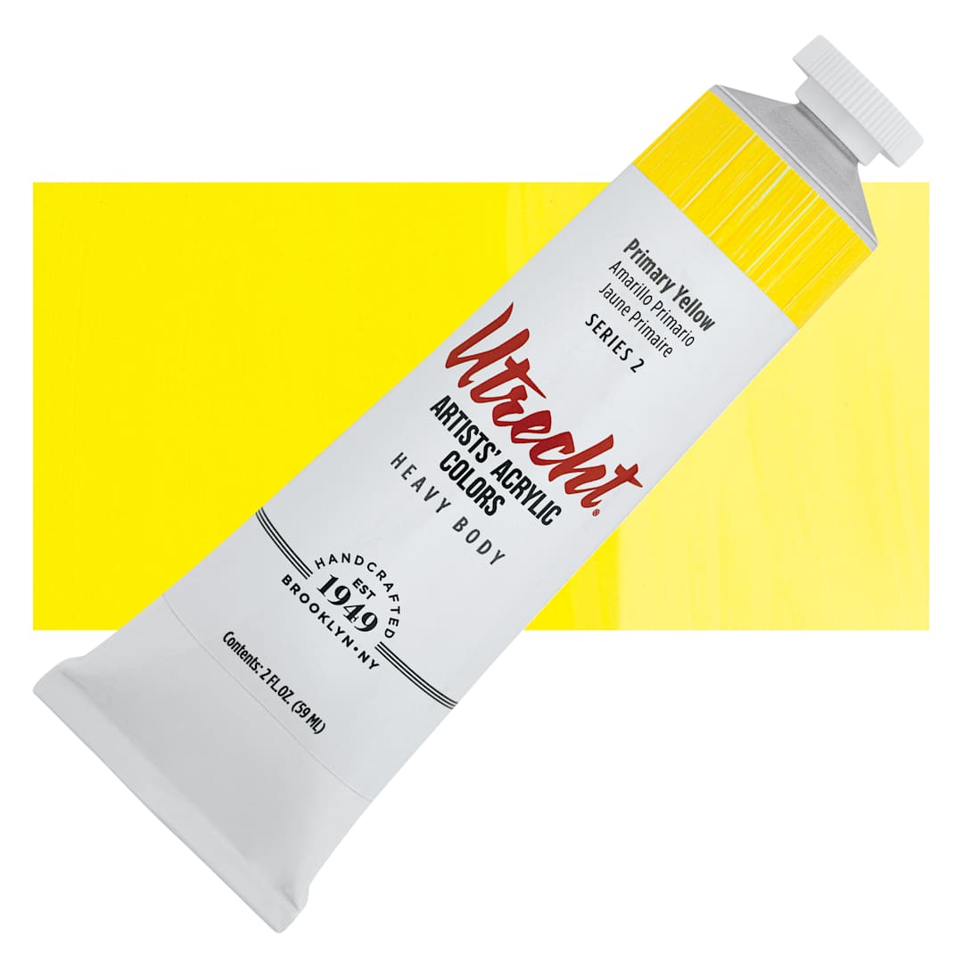 Open in modal - Utrecht Artists' Acrylic Paint - Primary Yellow, 2 oz tube and swatch