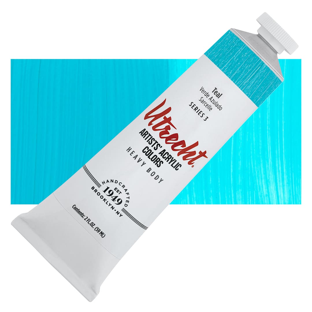 Open in modal - Utrecht Artists' Acrylic Paint - Teal, 2 oz tube and swatch