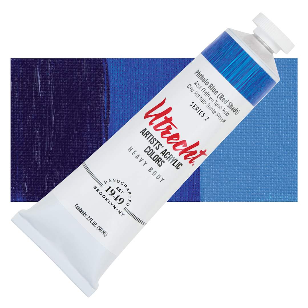 Open in modal - Utrecht Artists' Acrylic Paint - Phthalo Blue (Red Shade), 2 oz tube and swatch