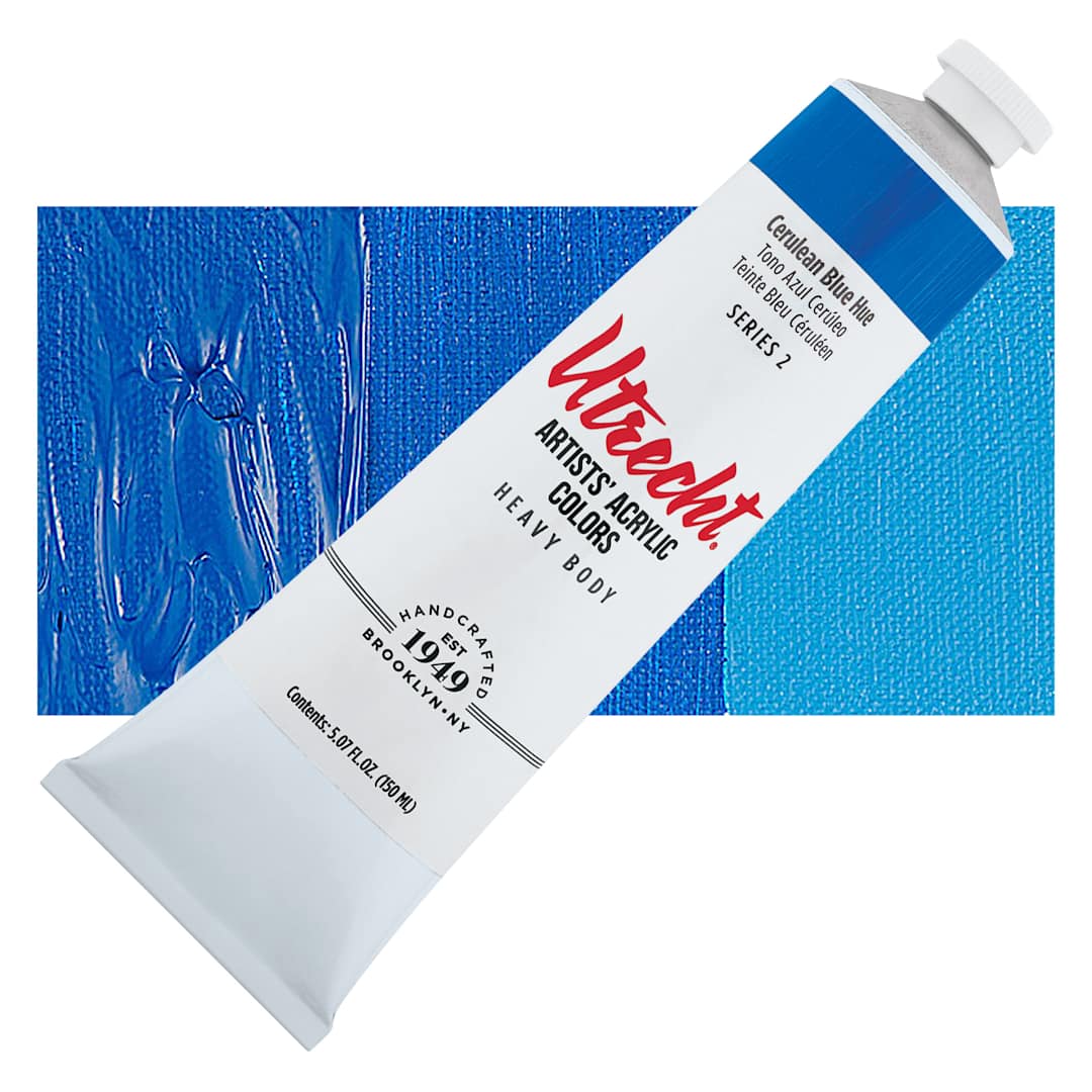 Open in modal - Utrecht Artists' Acrylic Paint - Cerulean Blue Hue, 5 oz tube and swatch