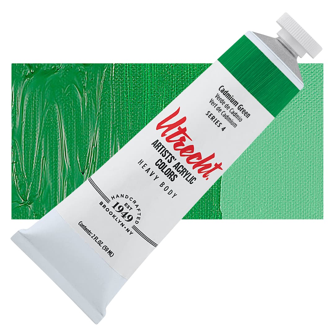 Open in modal - Utrecht Artists' Acrylic Paint - Cadmium Green, 2 oz tube and swatch