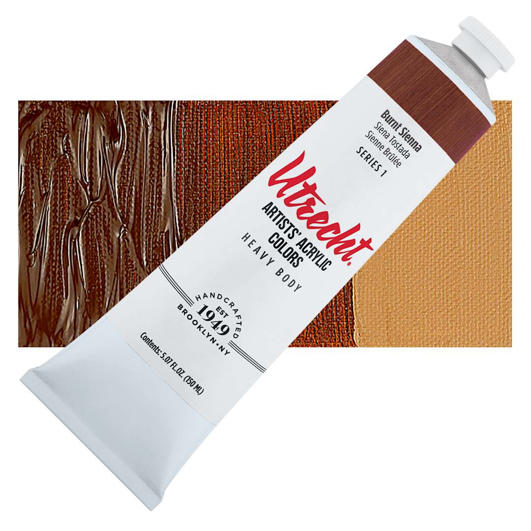 Open in modal - Utrecht Artists' Acrylic Paint - Burnt Sienna, 5 oz tube and swatch