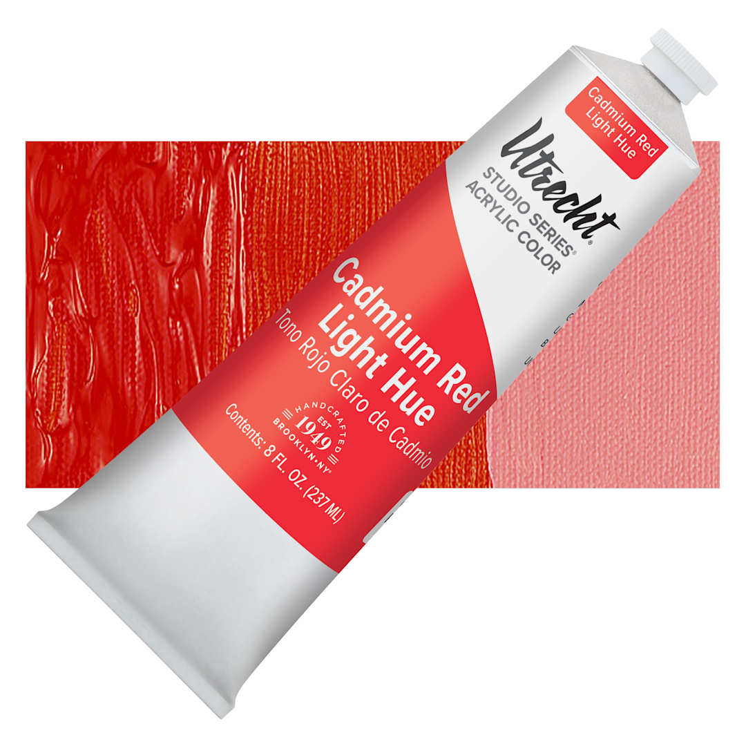 Open in modal - Utrecht Studio Series Acrylic Paint - Cadmium Red Light Hue, 237 ml tube and swatch