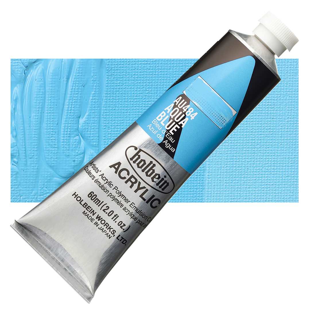 Open in modal - Holbein Heavy Body Artist Acrylic Paint - Aqua Blue, 60 ml tube and swatch