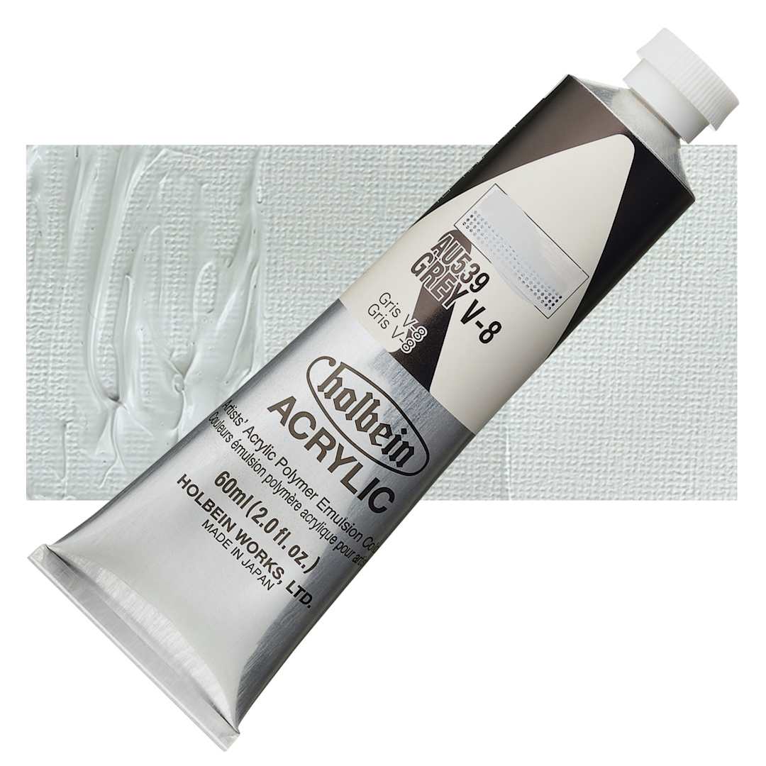 Open in modal - Holbein Heavy Body Artist Acrylic Paint - Gray V-8, 60 ml tube and swatch