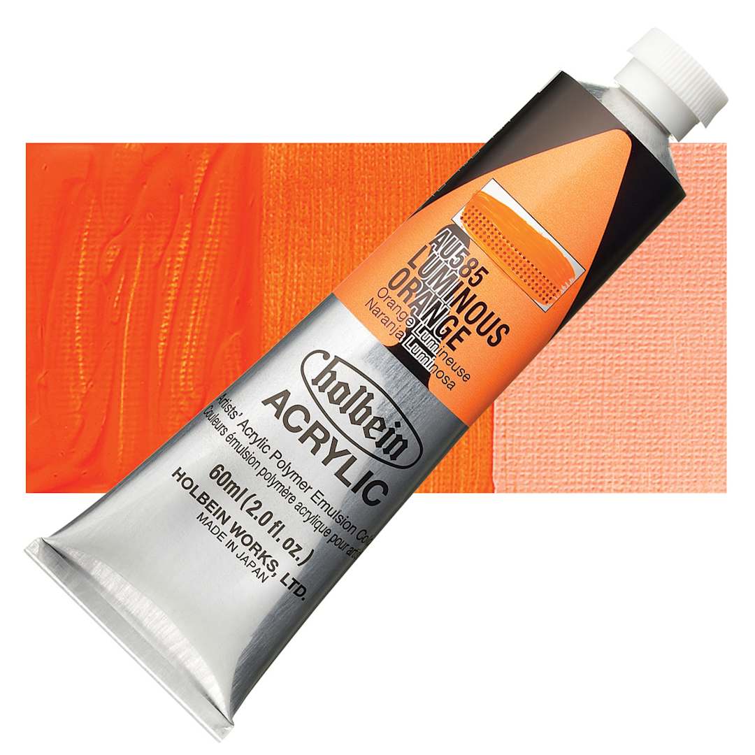 Open in modal - Holbein Heavy Body Artist Acrylic Paint - Luminous Orange, 60 ml tube and swatch
