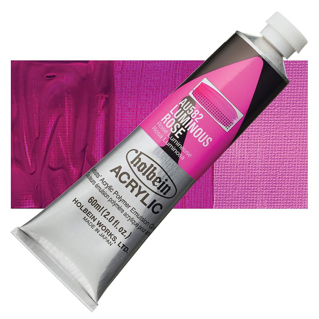 Open in modal - Holbein Heavy Body Artist Acrylic Paint - Luminous Rose, 60 ml tube and swatch