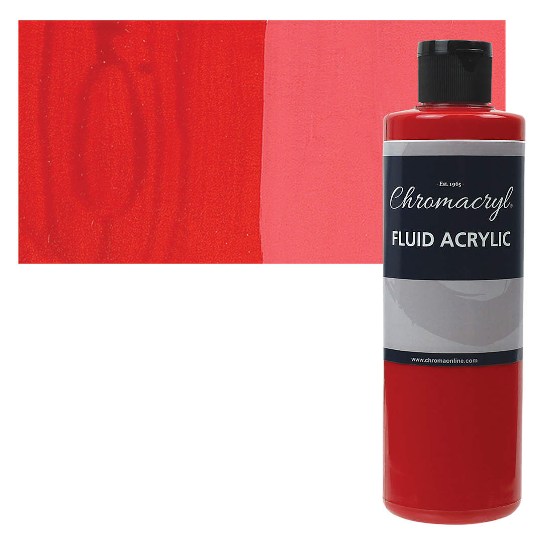 Open in modal - Chromacryl Fluid Acrylic - Warm Red, 250 ml bottle and swatch