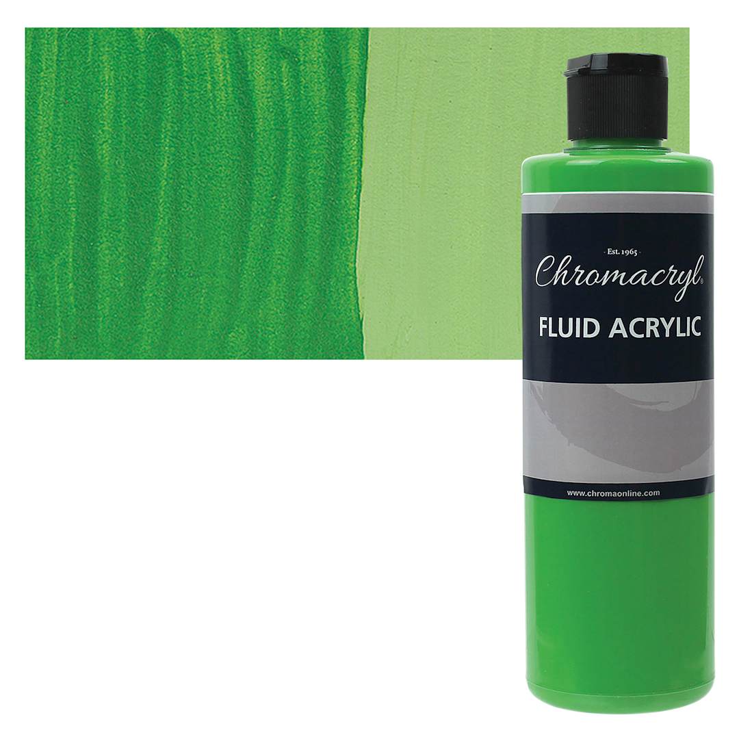 Open in modal - Chromacryl Fluid Acrylic - Green Light, 250 ml bottle and swatch