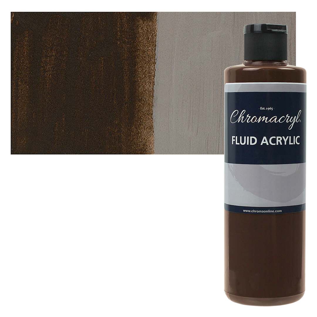 Open in modal - Chromacryl Fluid Acrylic - Burnt Umber, 250 ml bottle and swatch