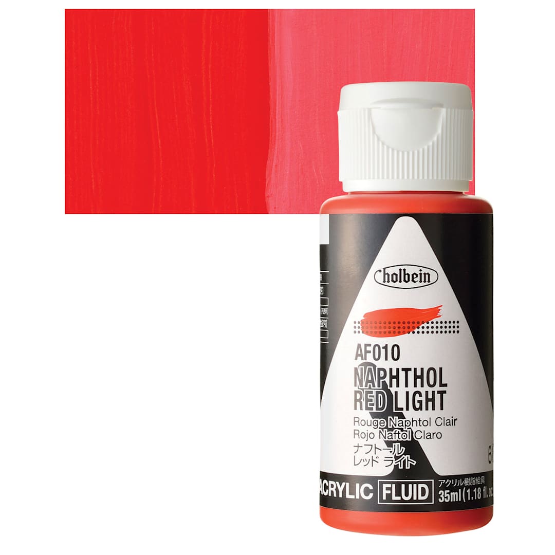Open in modal - Holbein Fluid Acrylic Paint - Naphthol Red Light, 35 ml Bottle and swatch