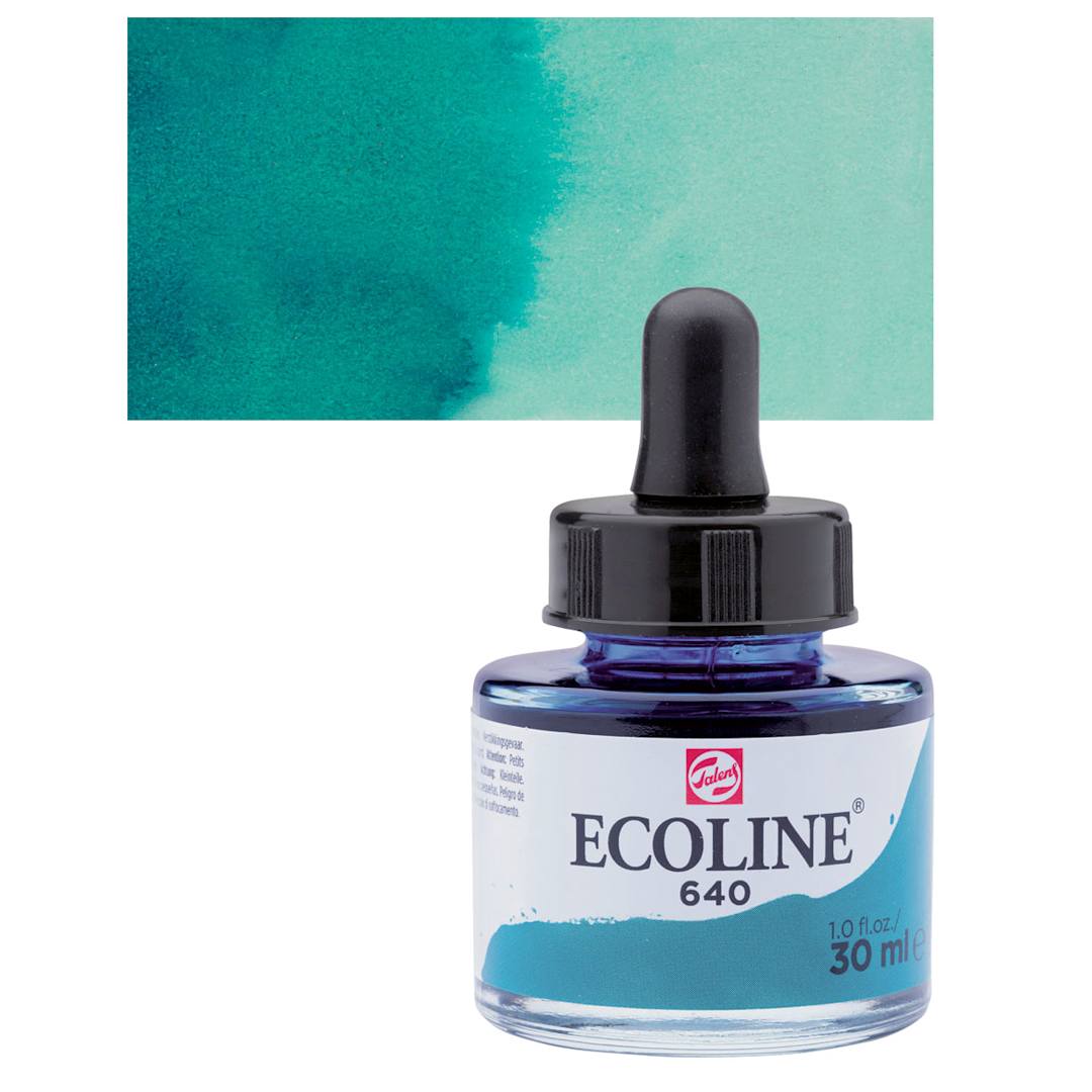 Open in modal - Ecoline Liquid Watercolor with Dropper - Bluish Green, 30 ml jar and swatch