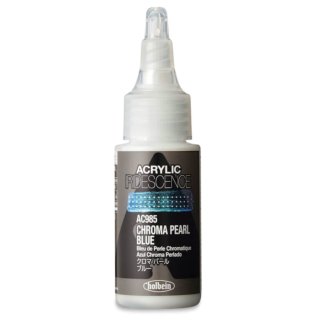 Open in modal - Holbein Acrylic Iridescence - Front of bottle of transparent Chroma Pearl Blue
