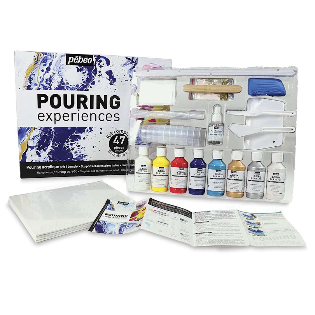 Open in modal - Pebeo Pouring Experiences Kit - Components of Kit shown next to package