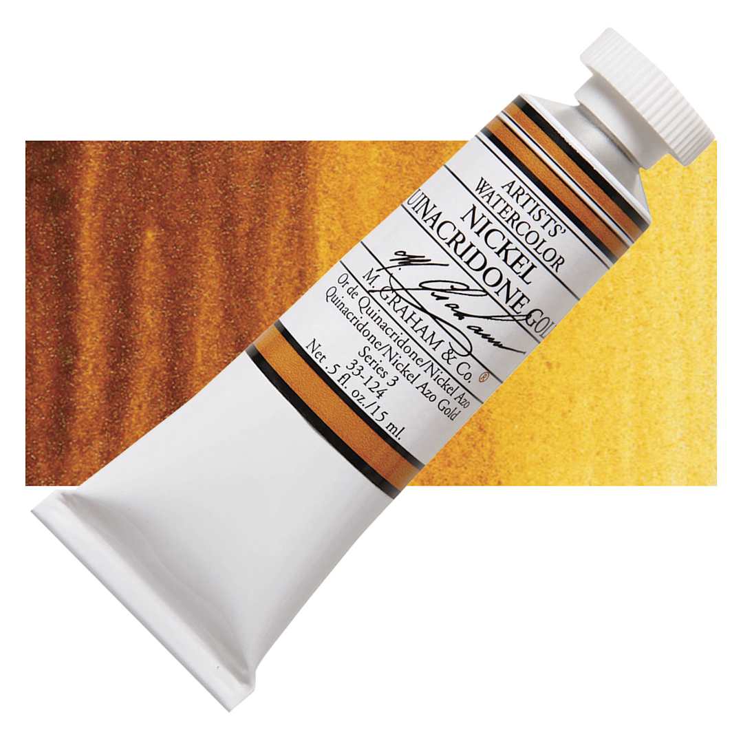 Open in modal - M. Graham Artists' Watercolor - Nickel Quinacridone Gold, 15 ml Tube and swatch