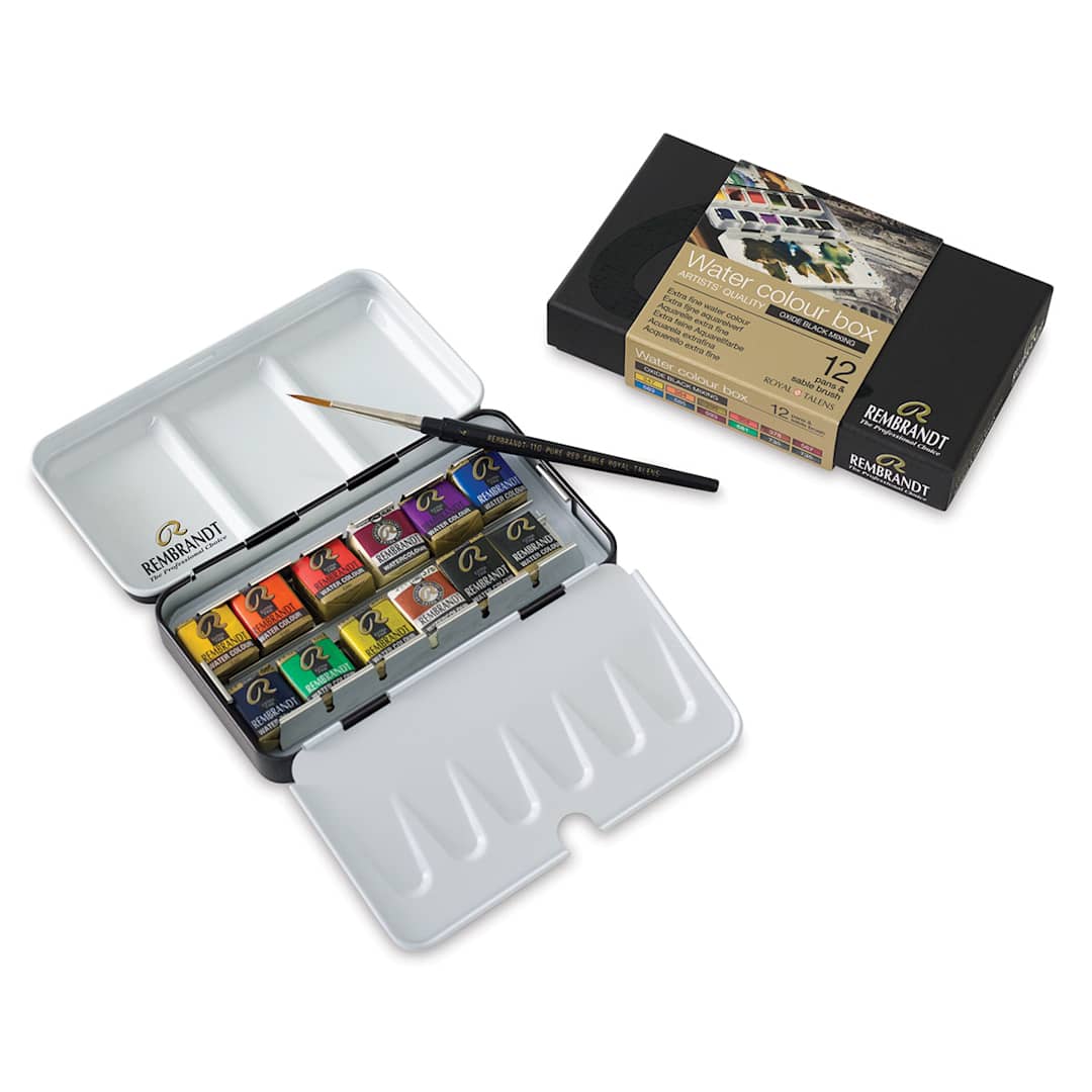 Open in modal - Rembrandt Artists' Half Pan Watercolors - 12 Oxide Black Mixing Set with tin, brush and package