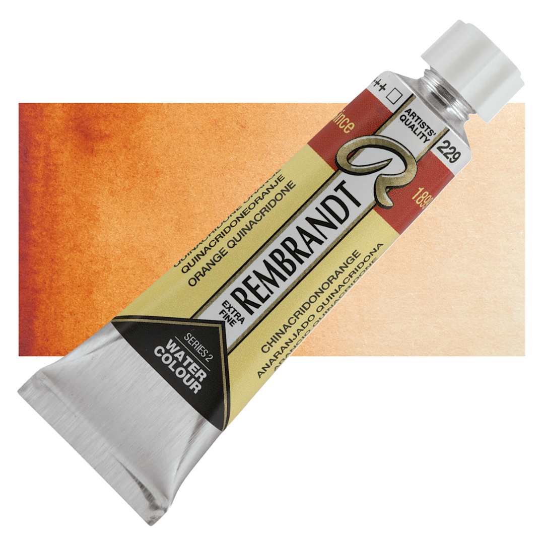 Open in modal - Rembrandt Artist Watercolor - Quinacridone Orange, 10 ml tube and swatch