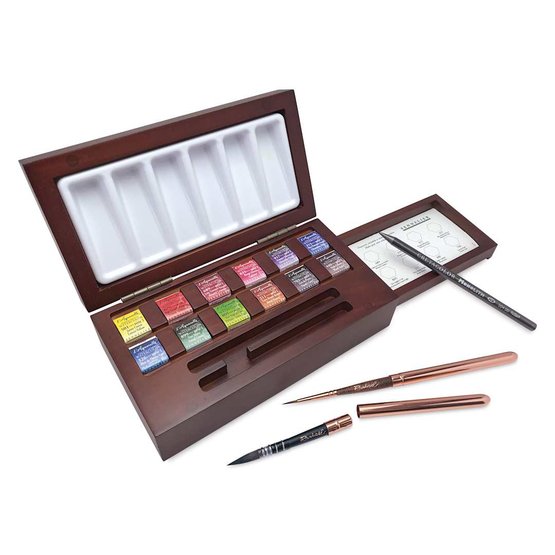 Open in modal - Sennelier French Artists' Watercolors - Set of 12, Assorted, Wood Box, Half Pans