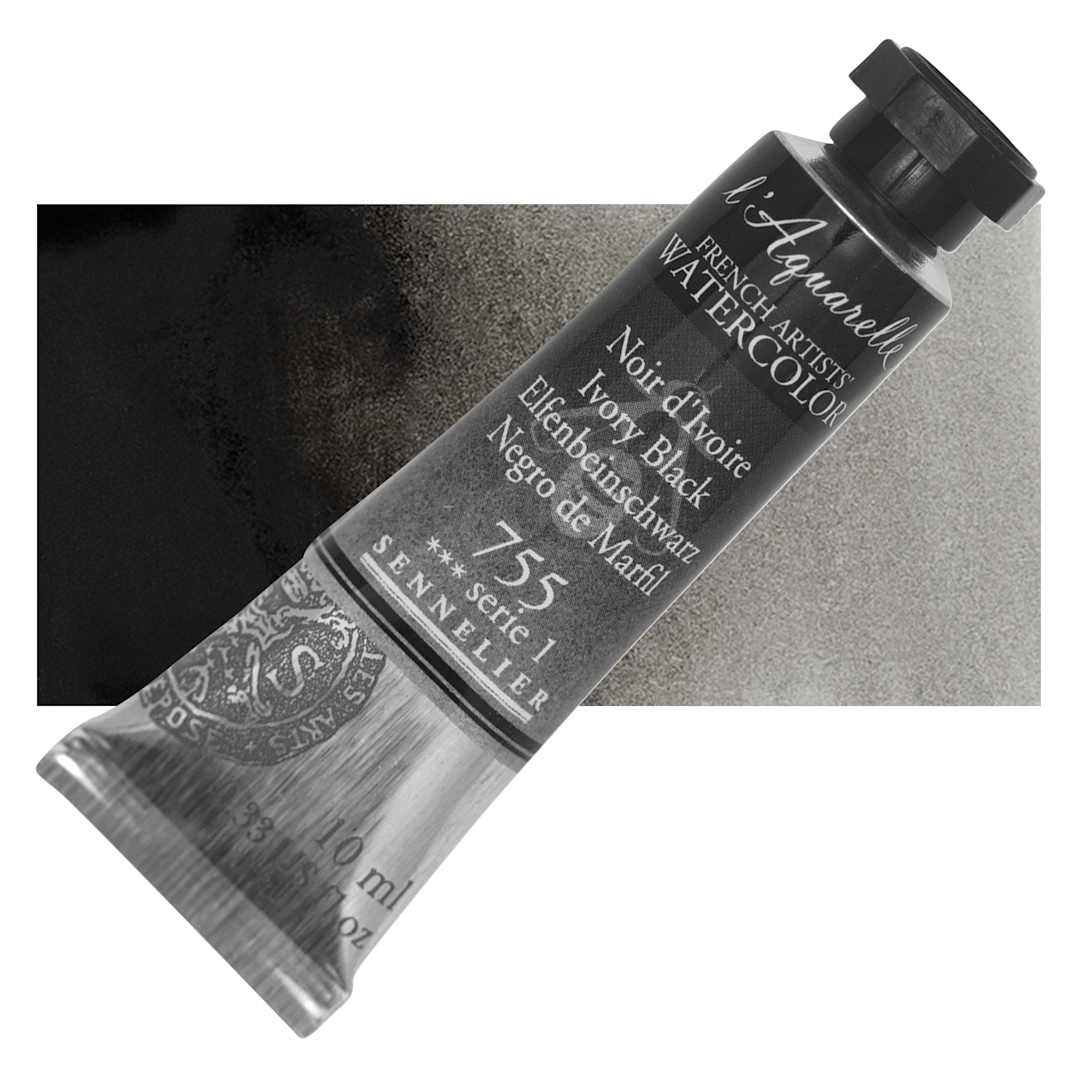 Open in modal - Sennelier French Artists' Watercolor - Ivory Black, 10 ml, Tube and swatch