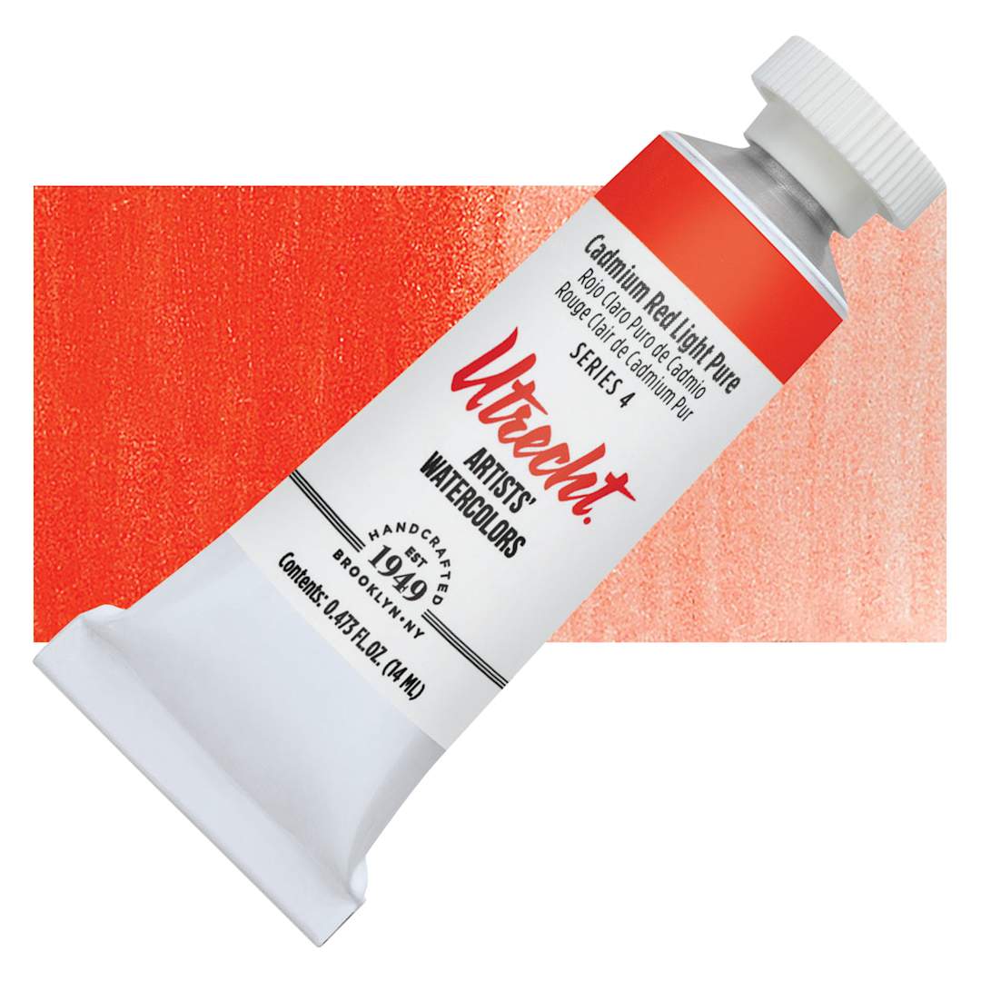 Open in modal - Utrecht Artists' Watercolor Paint - Cadmium Red Light, 14 ml tube and swatch