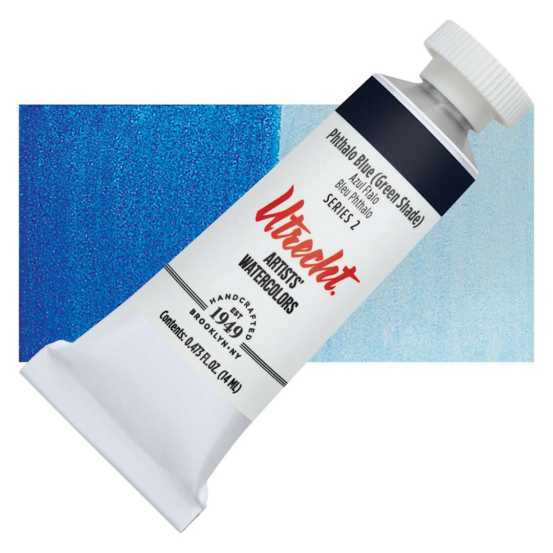 Open in modal - Utrecht Artists' Watercolor Paint - Phthalo Blue, 14 ml tube and swatch