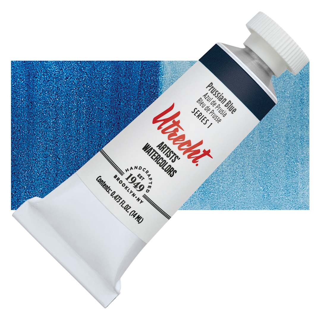 Open in modal - Utrecht Artists' Watercolor Paint - Prussian Blue, 14 ml tube and swatch