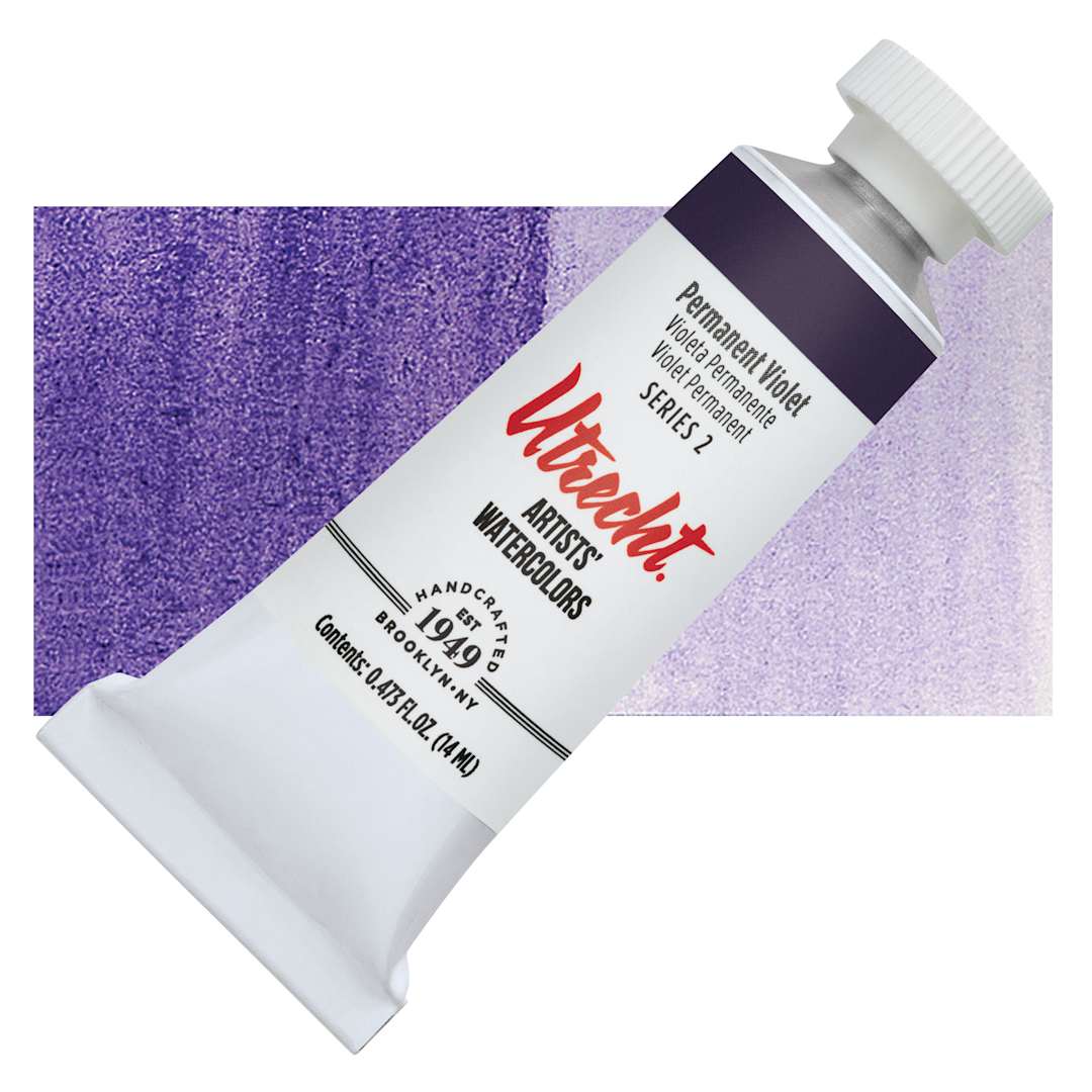 Open in modal - Utrecht Artists' Watercolor Paint - Permanent Violet, 14 ml tube and swatch