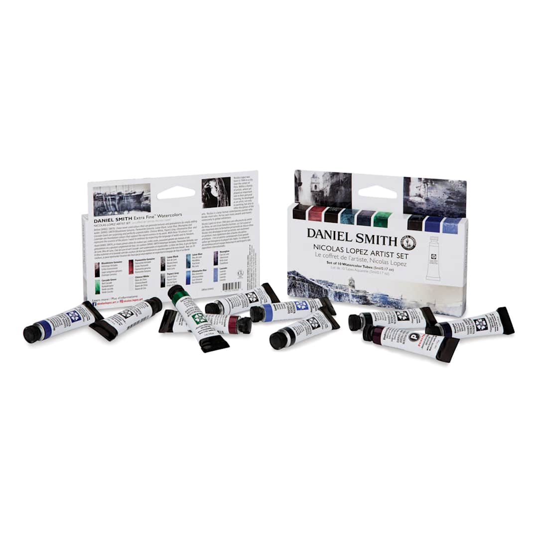 Open in modal - Daniel Smith Extra Fine Watercolor - Nicholas Lopez Artist Set of 10, 5 ml Tubes (Tubes with front and back of packaging)