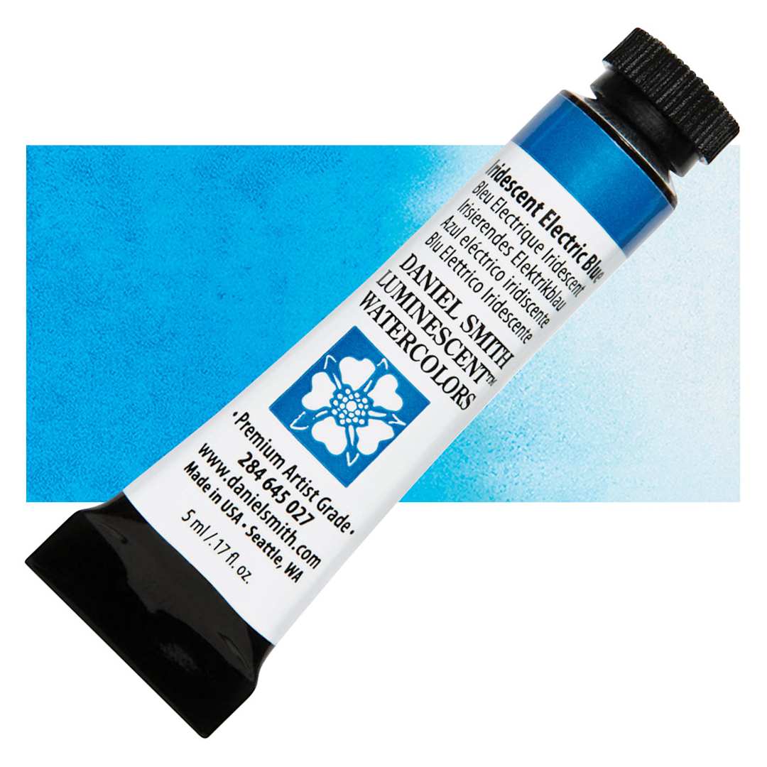 Open in modal - Daniel Smith Luminescent Watercolor - Iridescent Electric Blue, 5 ml, Tube and swatch