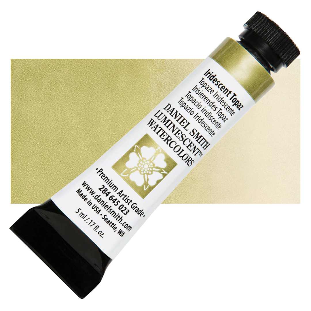 Open in modal - Daniel Smith Luminescent Watercolor - Iridescent Topaz, 5 ml, Tube and swatch