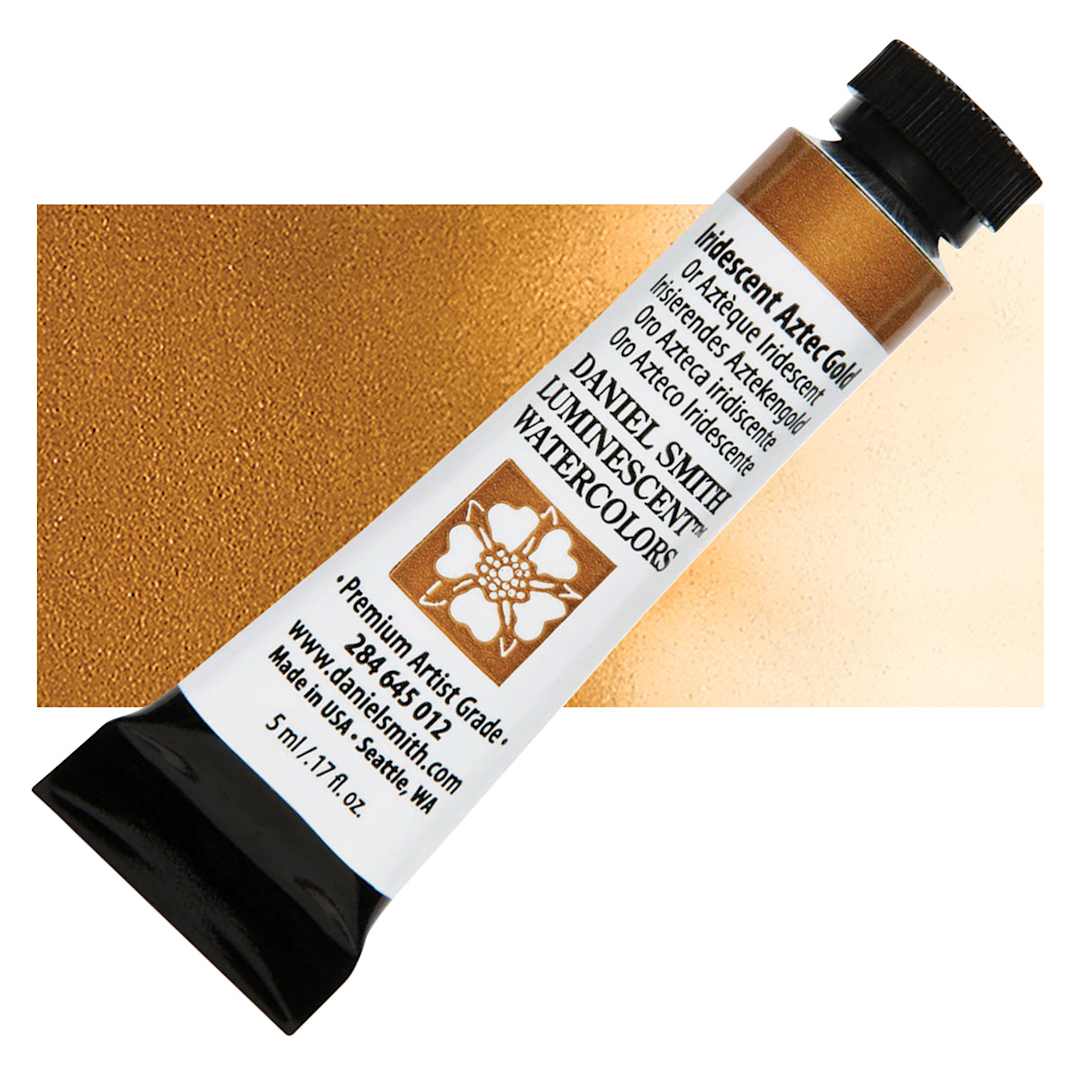 Open in modal - Daniel Smith Luminescent Watercolor - Iridescent Aztec Gold, 5 ml, Tube and swatch