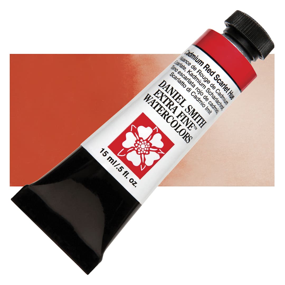 Open in modal - Daniel Smith Extra Fine Watercolor - Cadmium Red Scarlet Hue, 15 ml Tube and swatch