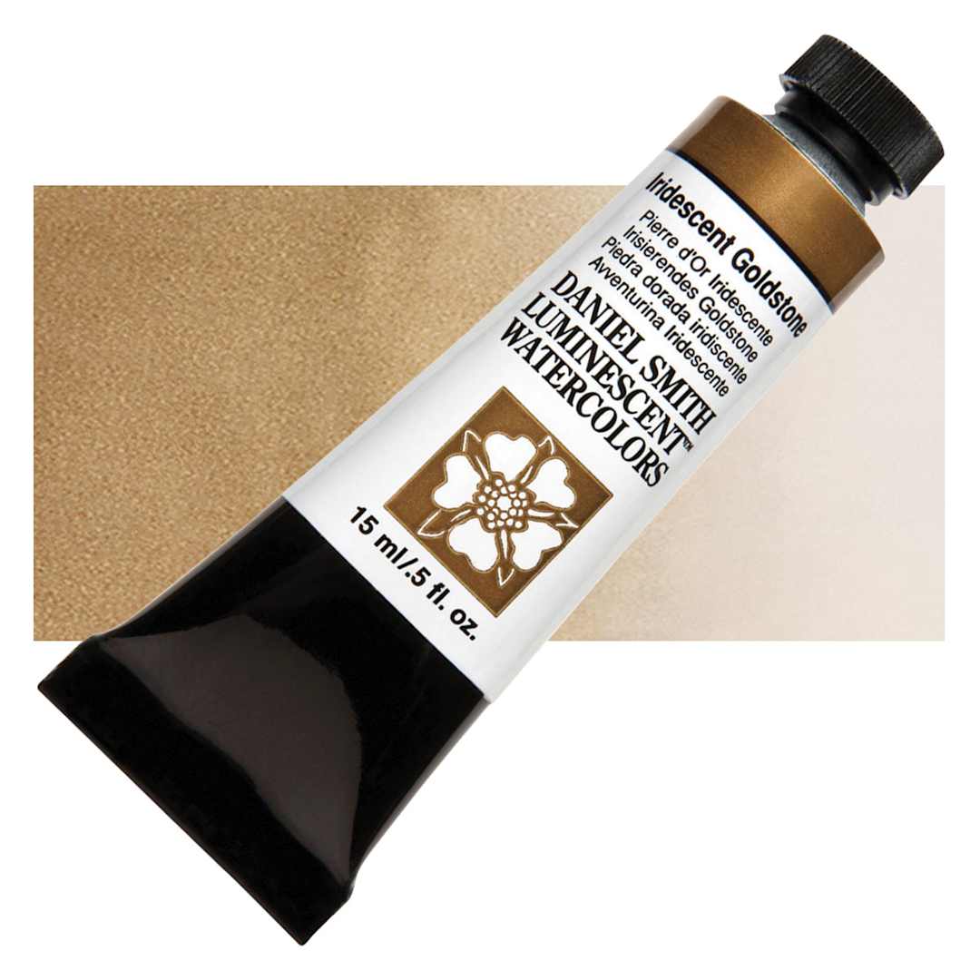 Open in modal - Daniel Smith Luminescent Watercolor - Iridescent Goldstone, 15 ml, Tube and swatch