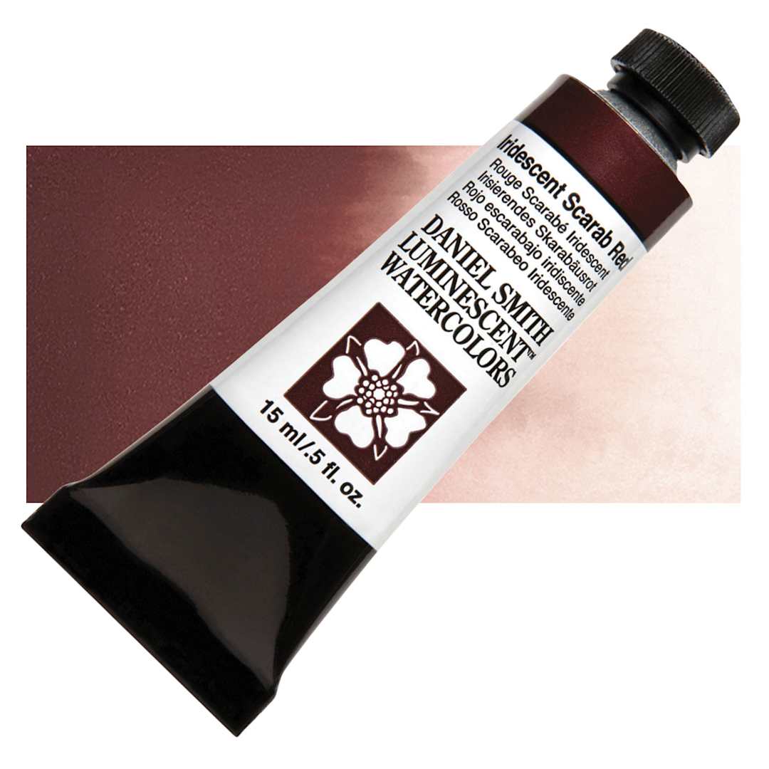 Open in modal - Daniel Smith Luminescent Watercolor - Iridescent Scarab Red, 15 ml, Tube and swatch