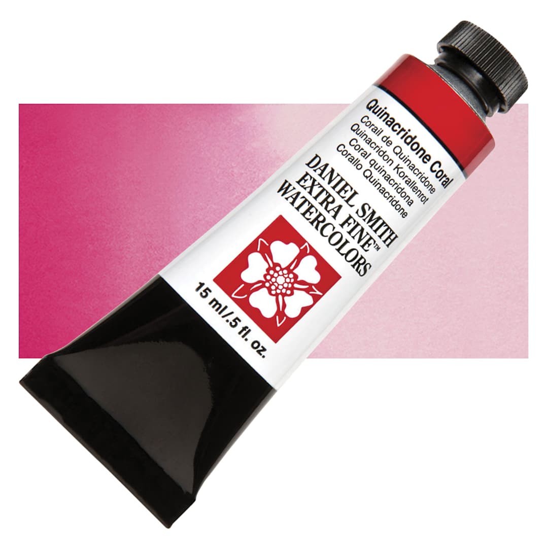 Open in modal - Daniel Smith Extra Fine Watercolor - Quinacridone Coral, 15 ml Tube and swatch