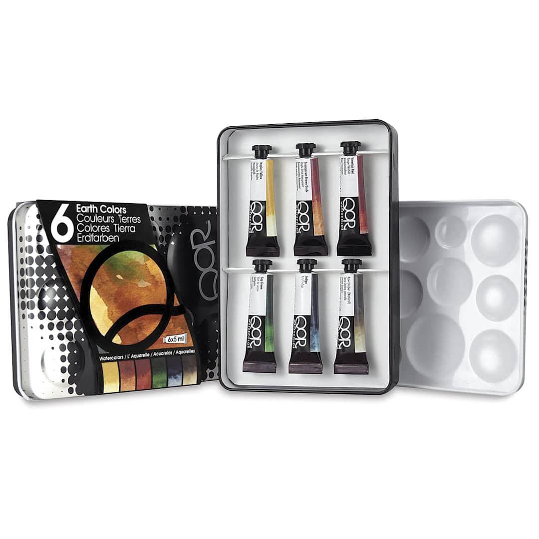 Open in modal - QoR Modern Watercolors - Earth Colors Set of 6. Tubes in open tin, lid and palette to the sides.  