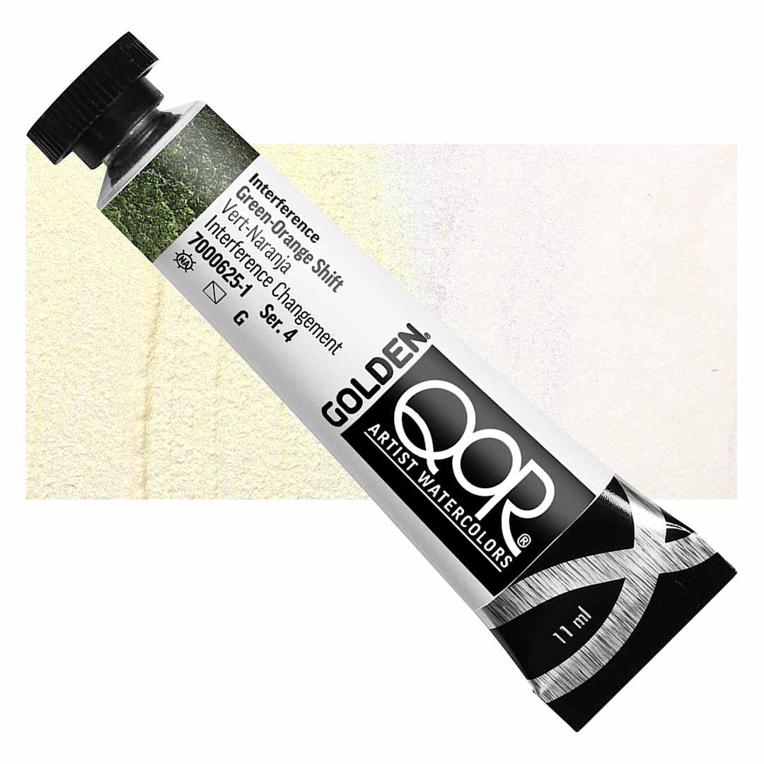 Open in modal - QoR Modern Watercolor - Interference Green-Orange Shift, 11 ml tube and swatch