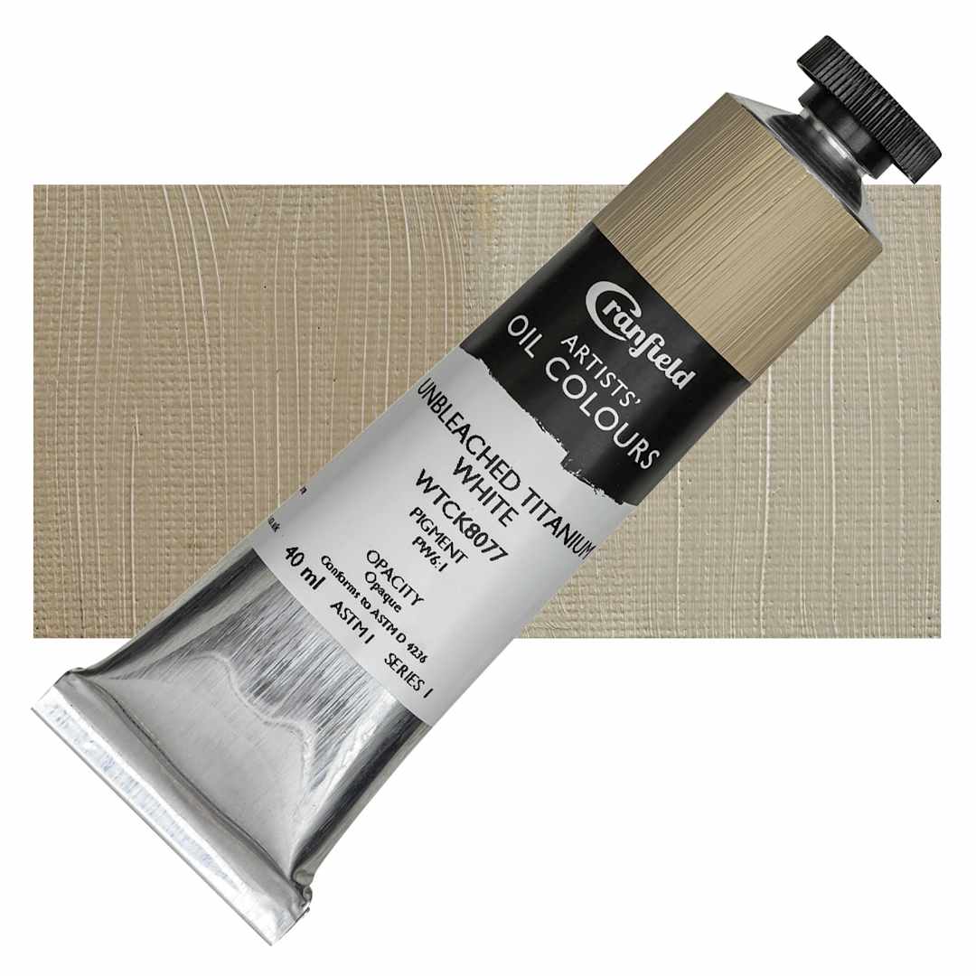 Open in modal - Cranfield Artists' Oil Paint - Unbleached Titanium White, 40 ml, Tube and swatch