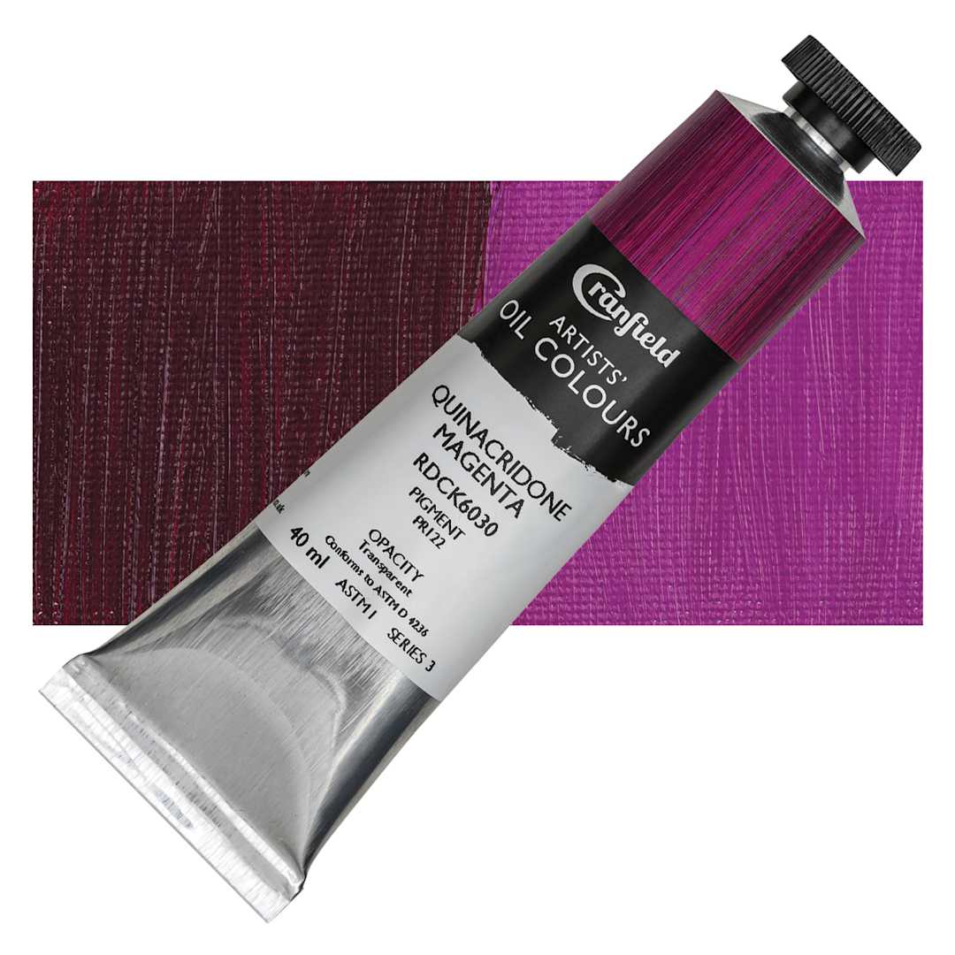 Open in modal - Cranfield Artists' Oil Paint - Quinacridone Magenta, 40 ml, Tube and swatch