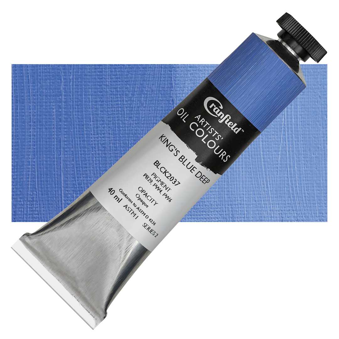 Open in modal - Cranfield Artists' Oil Paint - King's Blue Deep, 40 ml, Tube and swatch