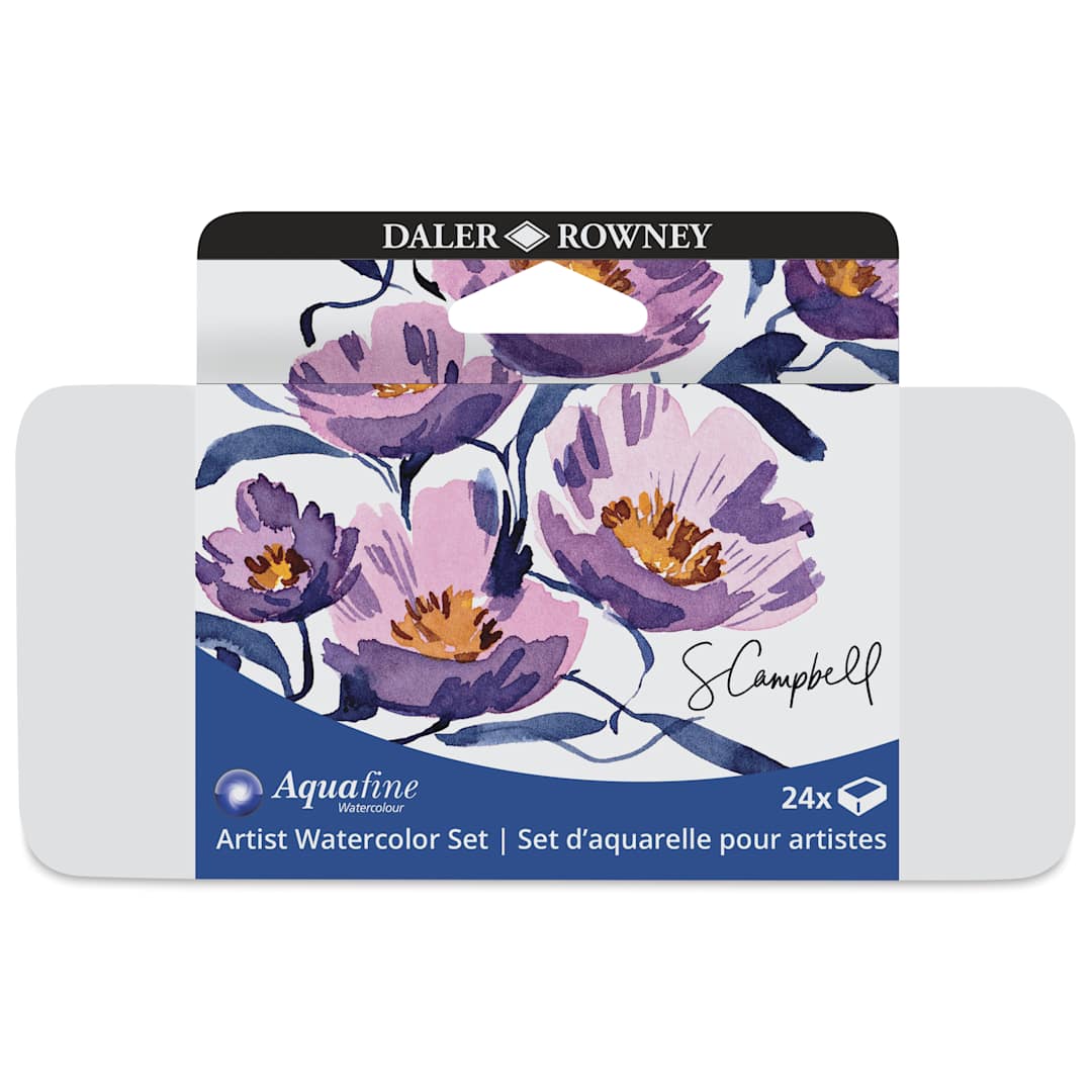 Open in modal - Daler-Rowney Aquafine Watercolors - Set of 24, Shayda Campbell, Half Pan front of package