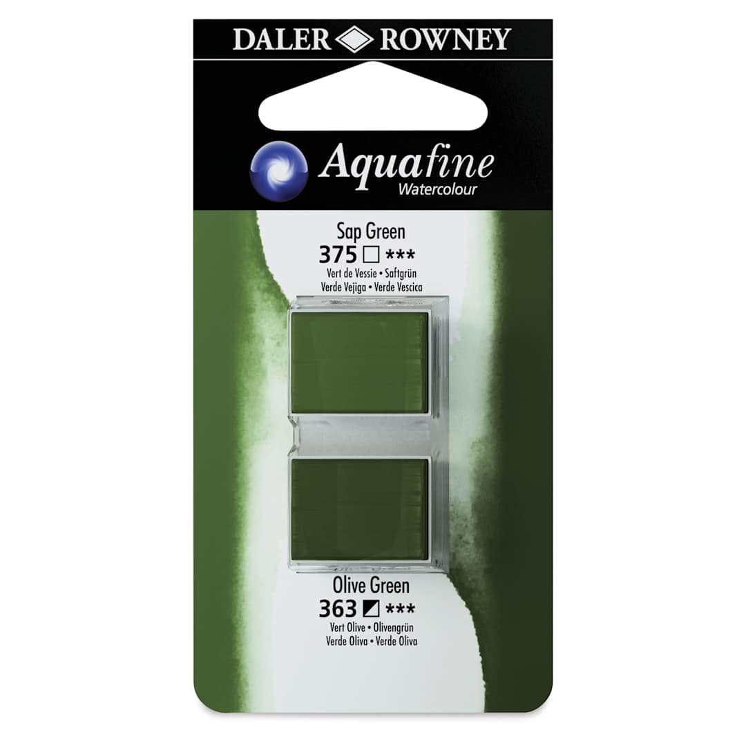 Open in modal - Daler-Rowney Aquafine Watercolors - Set of 2, Sap Green and Olive Green, Half Pan