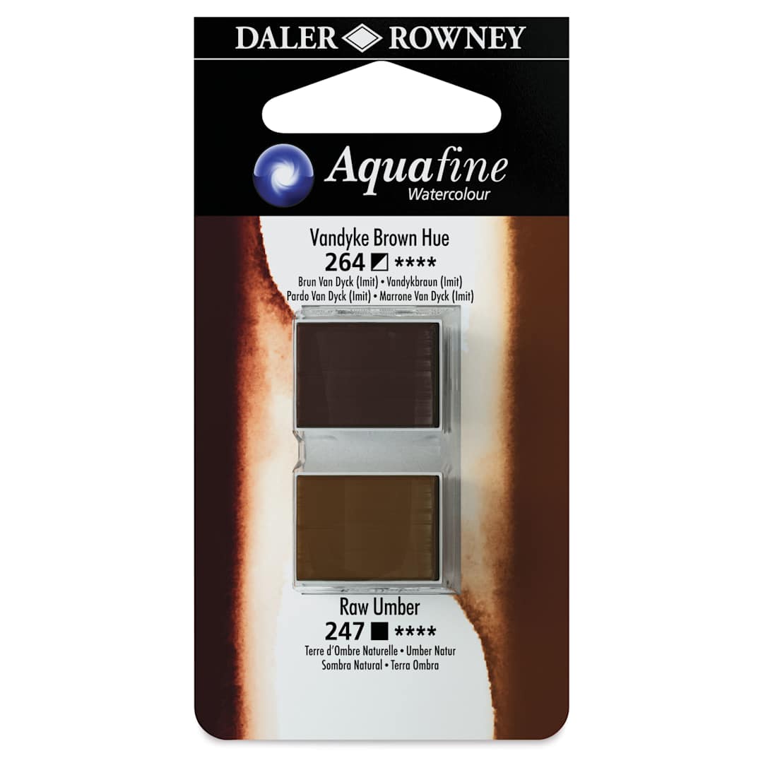 Open in modal - Daler-Rowney Aquafine Watercolors - Set of 2, Vandyke Brown Hue and Raw Umber, Half Pan