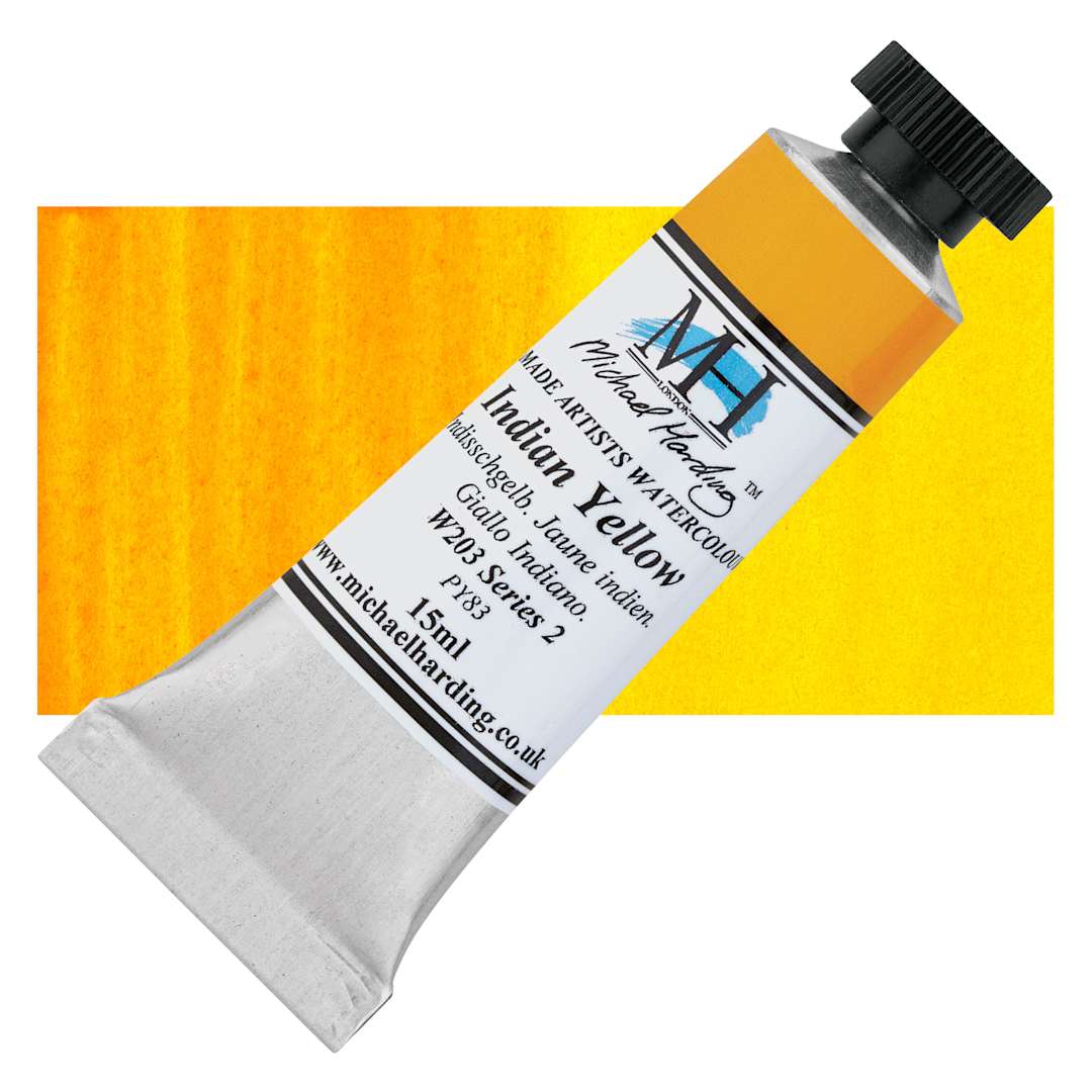 Open in modal - Michael Harding Artists Watercolor - Indian Yellow, 15 ml tube and swatch