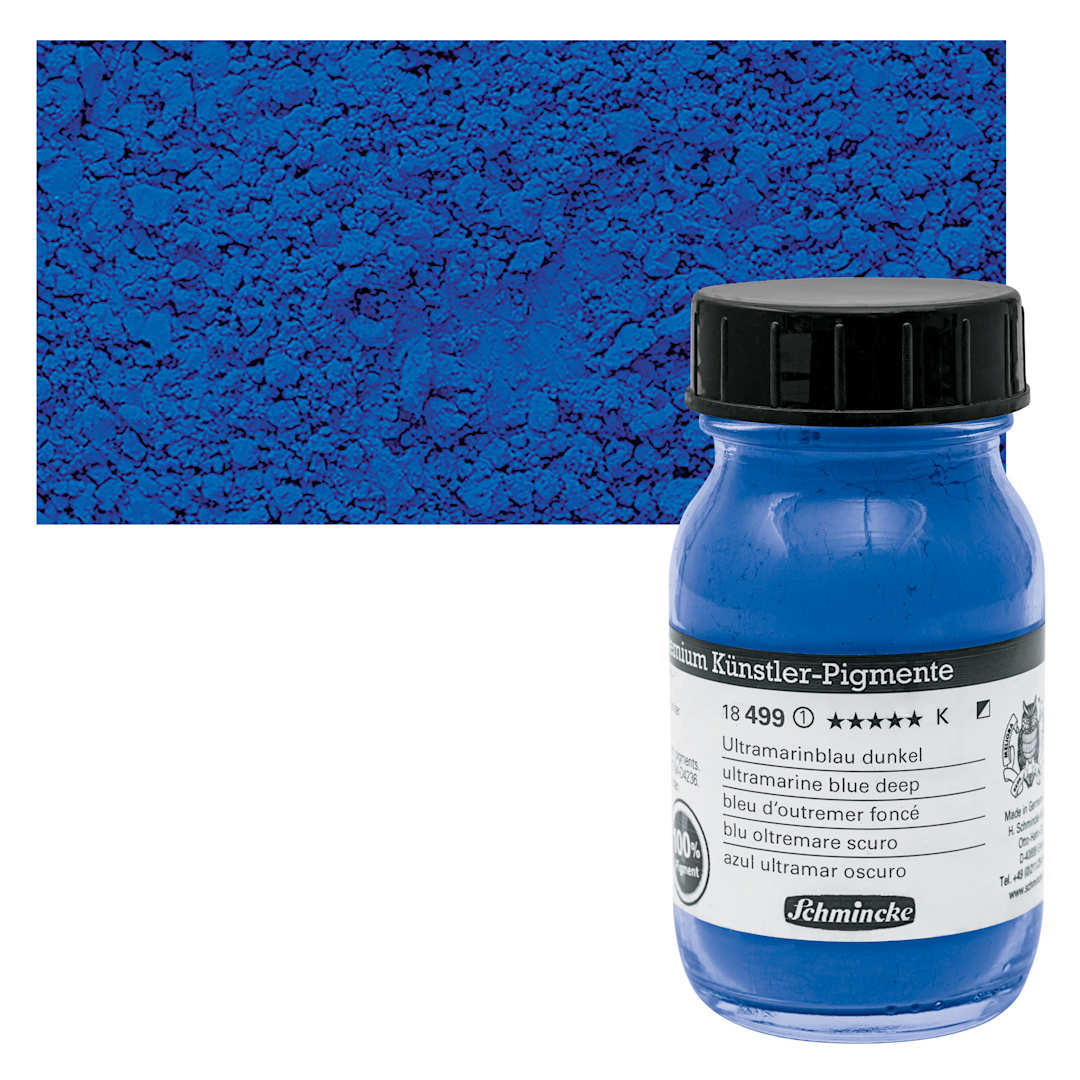 Open in modal - Schmincke Pigment - Ultramarine Blue Deep, 100 ml jar and swatch