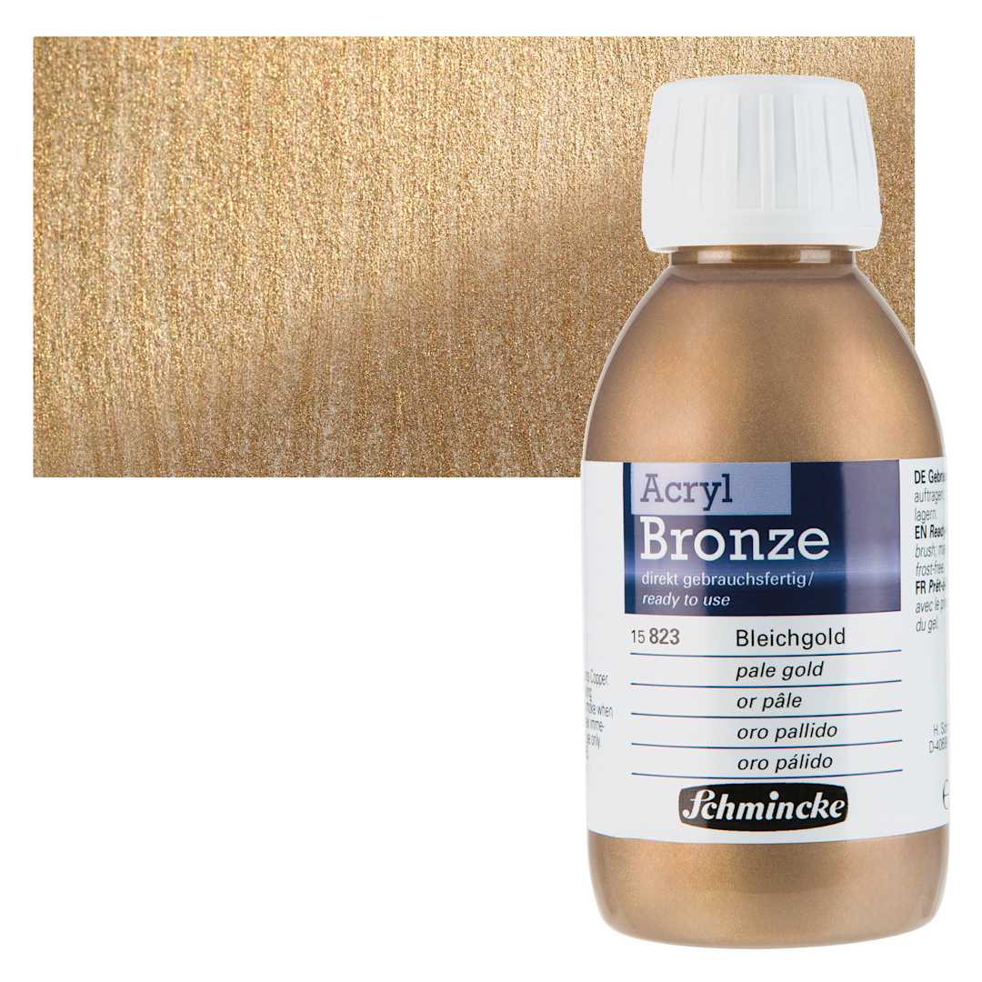 Open in modal - Schmincke Acrylic Bronze Paint - Pale Gold, 150 ml bottle and swatch